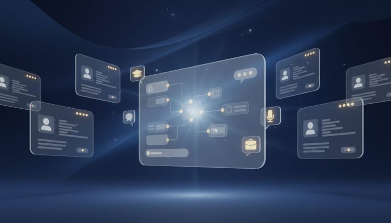 Futuristic workspace with holographic AI builder, glowing icons, and gradient background.