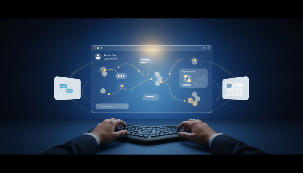 Modern digital workspace with holographic interface, deep blue gradient, and golden UI components.