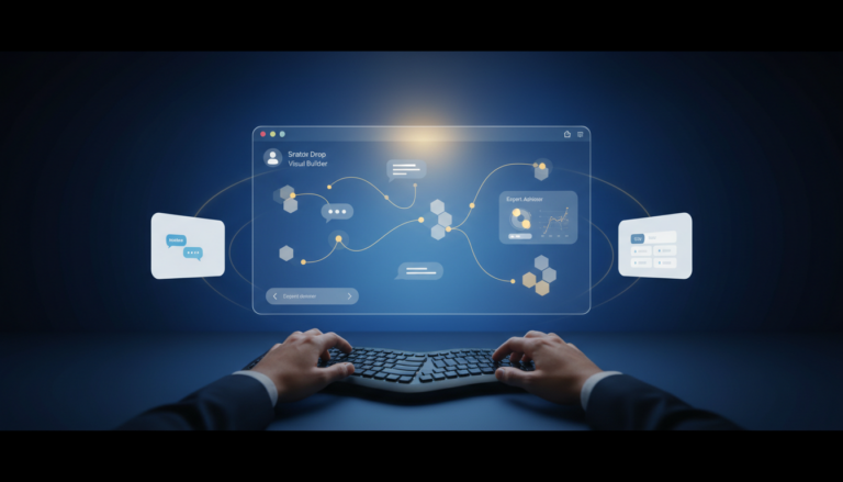 Modern digital workspace with holographic interface, deep blue gradient, and golden UI components.