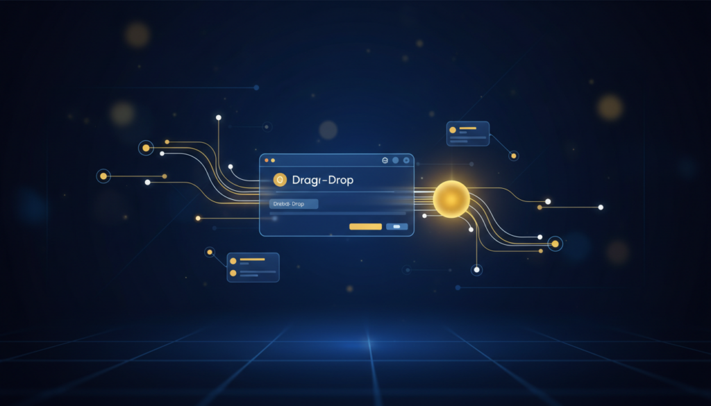 Modern tech illustration of real-time data flow with drag-and-drop UI and glowing AI core.