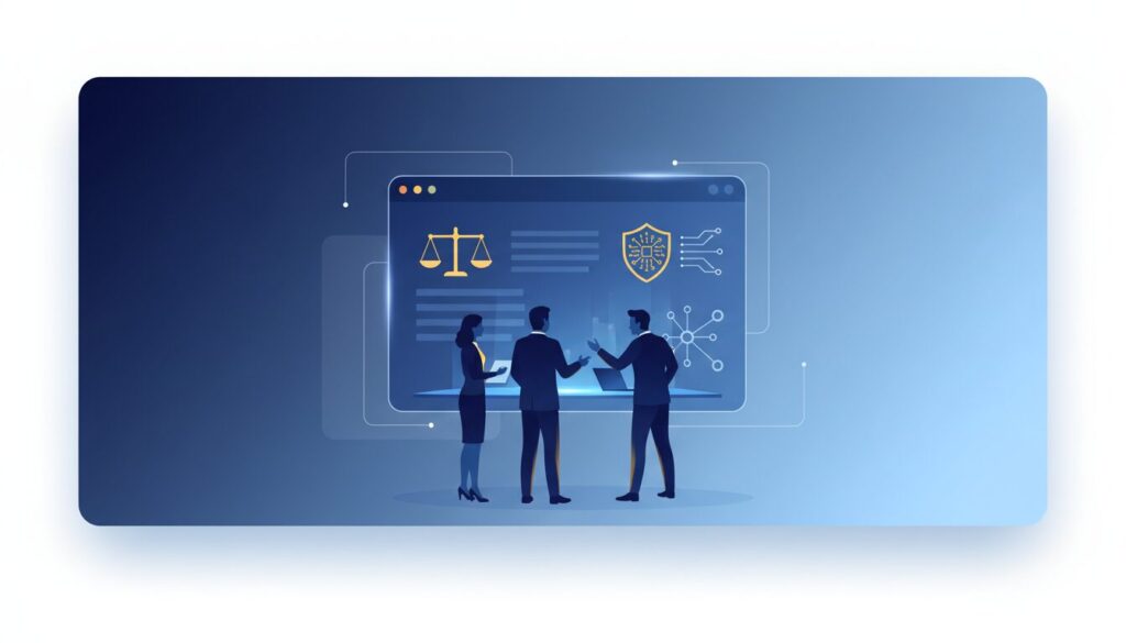 Professional illustration of AI governance: holographic checklist, justice scale, shield, silhouettes by digital table.