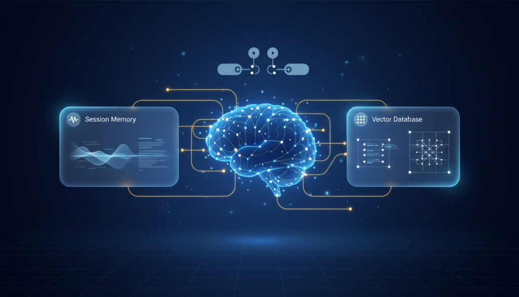 Sleek illustration of AI memory: glowing neural network, session memory card, vector database.