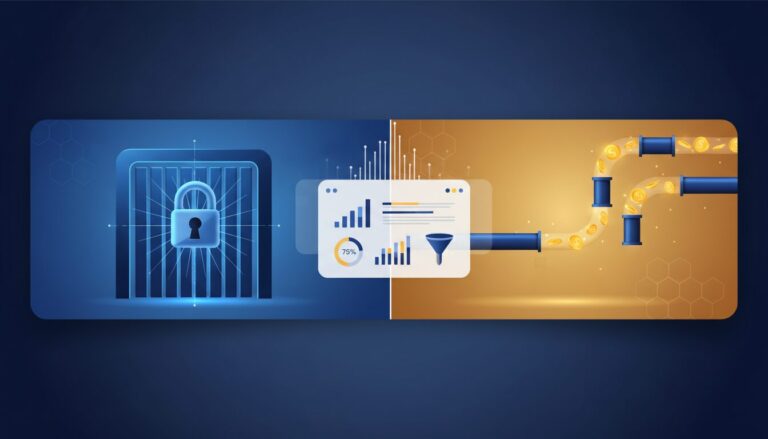 Split banner: blue paywall gateway vs. gold token stream with analytics panel, tech-forward aesthetic.