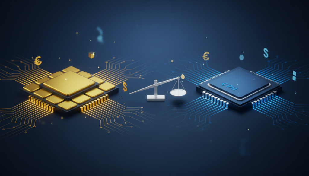 Tech banner contrasting GPU and CPU processing, scale tilting to GPU, financial symbols orbiting.