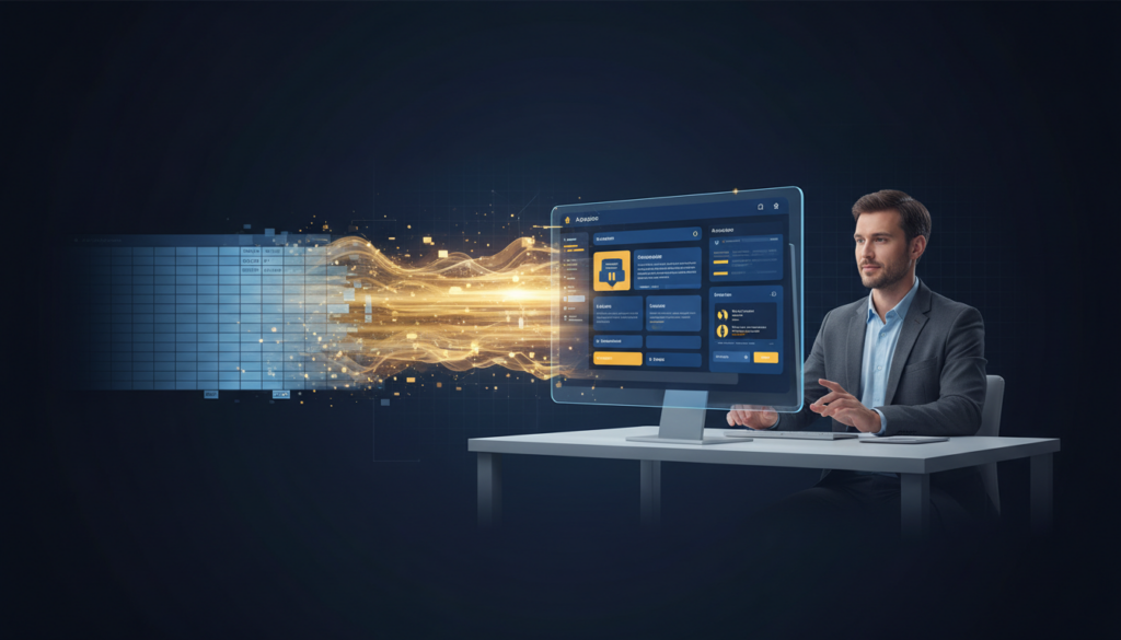Business professional at desk observes digital transformation from data grid to AI app interface.