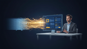 Business professional at desk observes digital transformation from data grid to AI app interface.