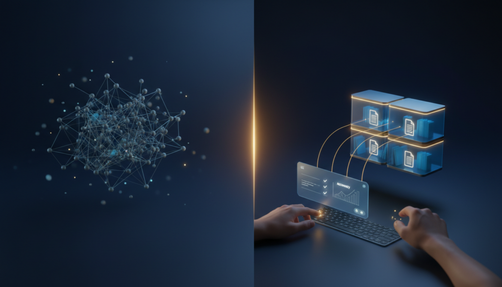 Contrasting AI: chaotic grey neural nodes vs. organized blue glass knowledge vault.