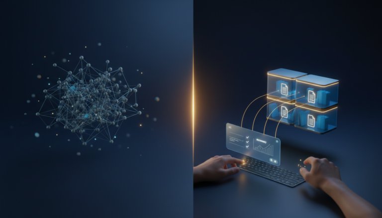 Contrasting AI: chaotic grey neural nodes vs. organized blue glass knowledge vault.
