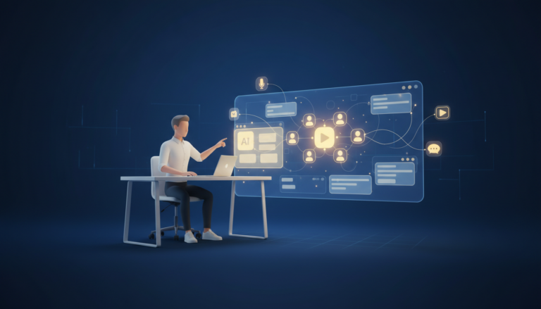 Digital workspace with AI nodes glowing gold on blue, creator at floating desk using visual builder.