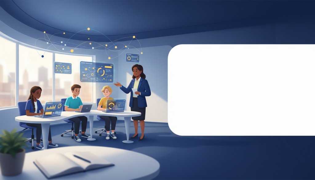 Diverse students using tablets with AI interfaces in a modern, bright counseling space.