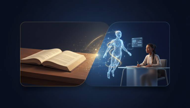 Dramatic split of classic textbook and AI hologram, symbolizing education's evolution.