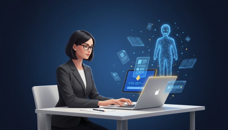 Educator at desk with glowing laptop, AI tutor emerging from documents, modern tech vibe.