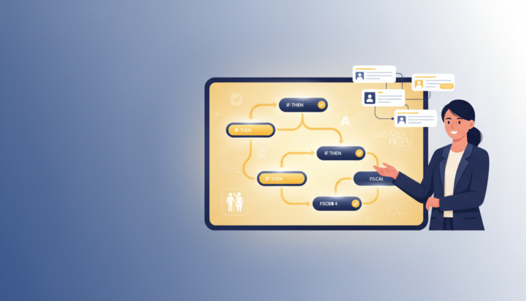 Educator with interactive flowchart screen in tech-classroom setting, emphasizing learning paths.