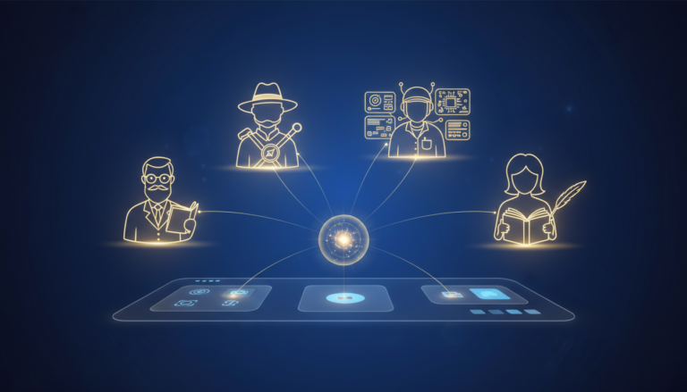 Fictional personas emerge as glowing holograms in a tech-driven learning scene.