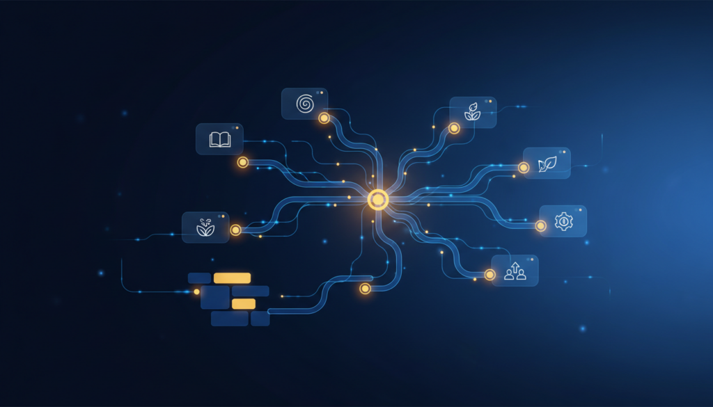 Futuristic AI map with glowing nodes, branching pathways, and floating UI panels in blue and gold.