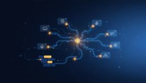 Futuristic AI map with glowing nodes, branching pathways, and floating UI panels in blue and gold.
