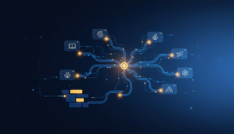 Futuristic AI map with glowing nodes, branching pathways, and floating UI panels in blue and gold.