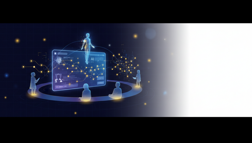 Futuristic digital learning scene with AI interface, adaptive learning paths, diverse students, and luminous AI tutor.