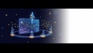 Futuristic digital learning scene with AI interface, adaptive learning paths, diverse students, and luminous AI tutor.