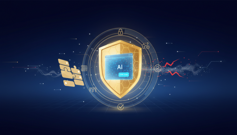 Glowing AI interface shielded by hexagonal layers, deflecting threats in a tech-forward sky.