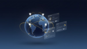 Glowing blue globe with golden nodes, shield icons, and floating UI panels in tech style.
