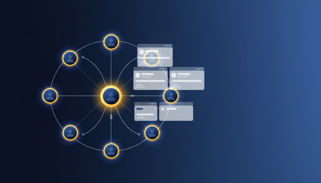 Glowing network of circular nodes with golden highlights in a modern flat-design style.