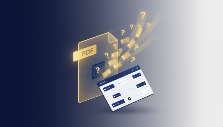 Glowing PDF with AI pattern, quiz cards, and UI panel on gradient background.