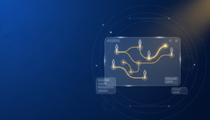 Interactive quiz interface with glowing paths on a deep blue gradient, symbolizing adaptive learning.
