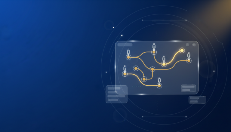 Interactive quiz interface with glowing paths on a deep blue gradient, symbolizing adaptive learning.