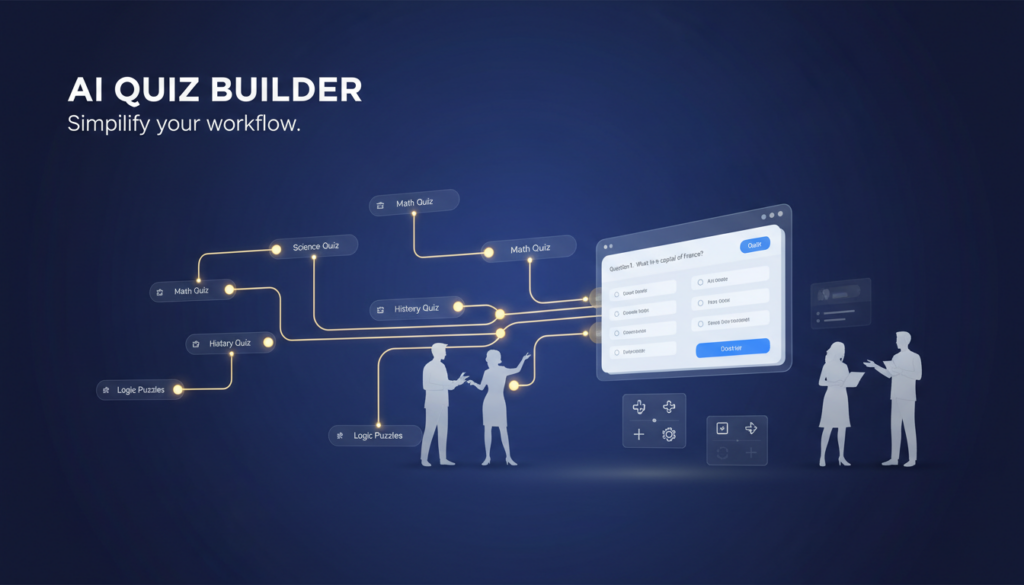 Modern quiz app interface with glowing nodes on deep blue gradient, diverse professionals engage.