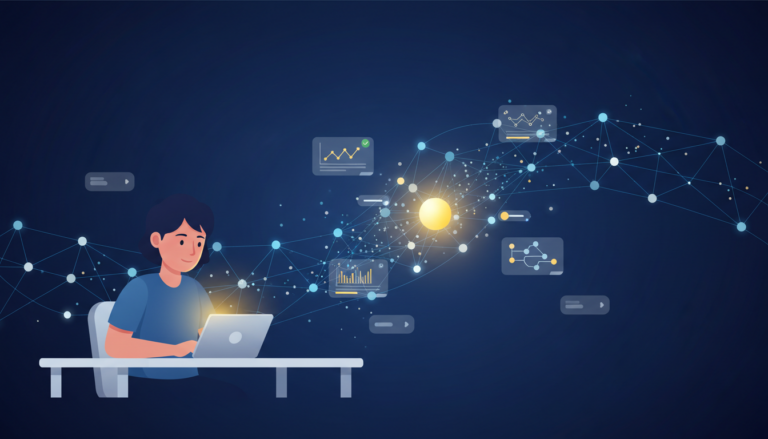 Modern tech-education scene with a student learning from a glowing node network.