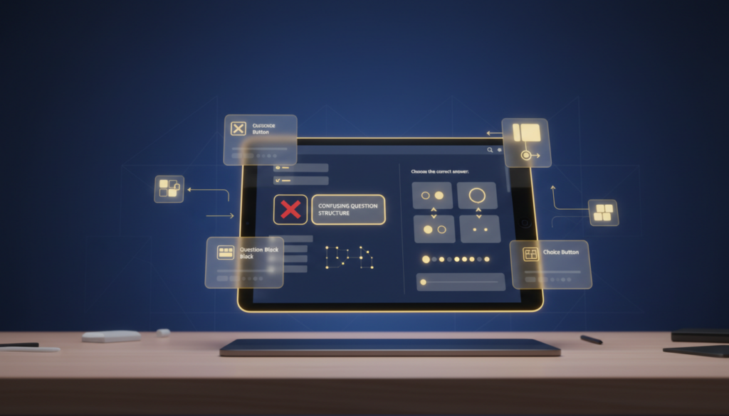 Modern UI/UX workspace with tablet showing quiz interface, errors and corrections, blue background.