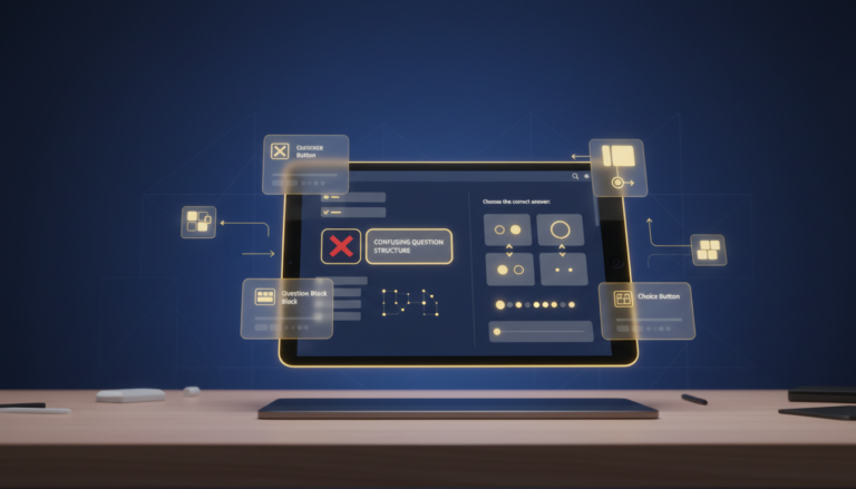 Modern UI/UX workspace with tablet showing quiz interface, errors and corrections, blue background.