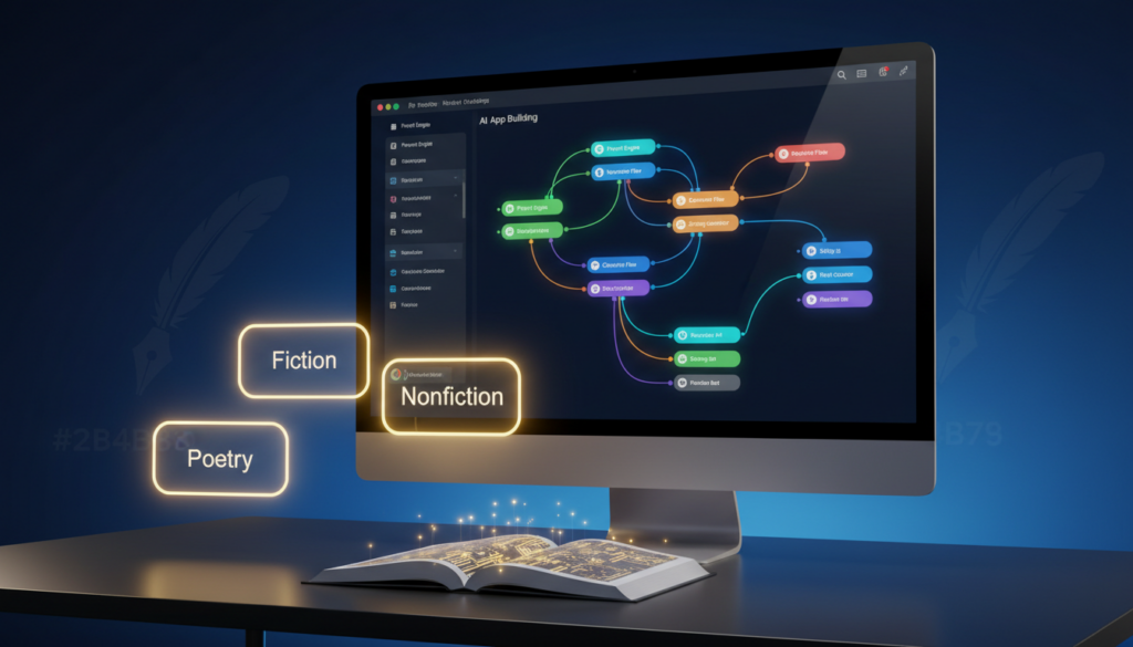 Modern workspace with glowing screen, drag-and-drop AI nodes, genre labels, circuit-book.