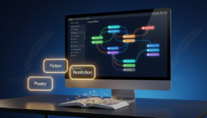Modern workspace with glowing screen, drag-and-drop AI nodes, genre labels, circuit-book.