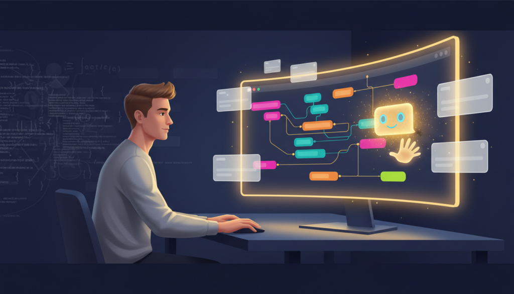 Professional at minimalist desk with glowing no-code AI builder on screen, warm lighting, tech-forward style.