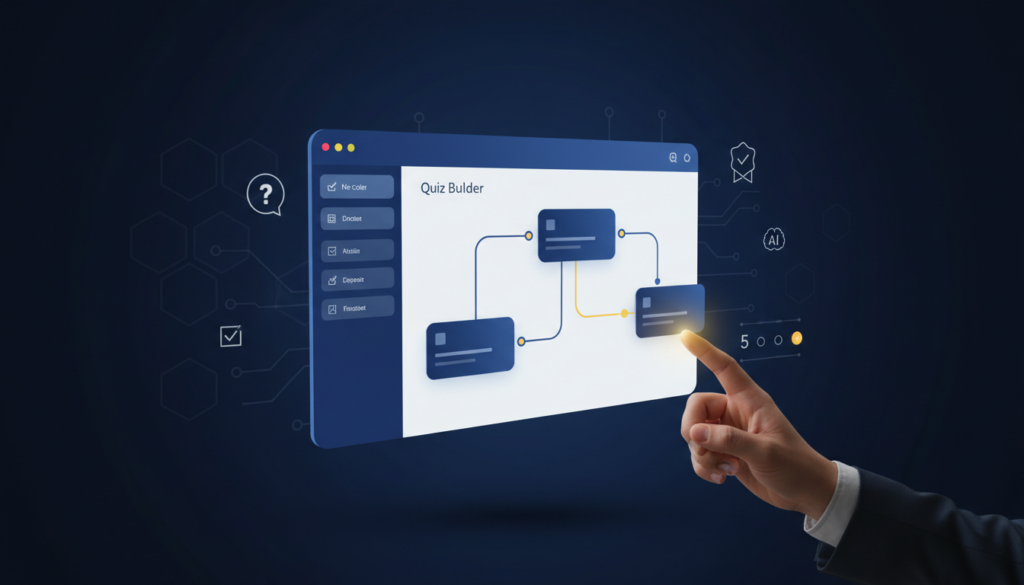 Professional tech banner with floating UI, drag-and-drop quiz builder, and glowing AI elements.