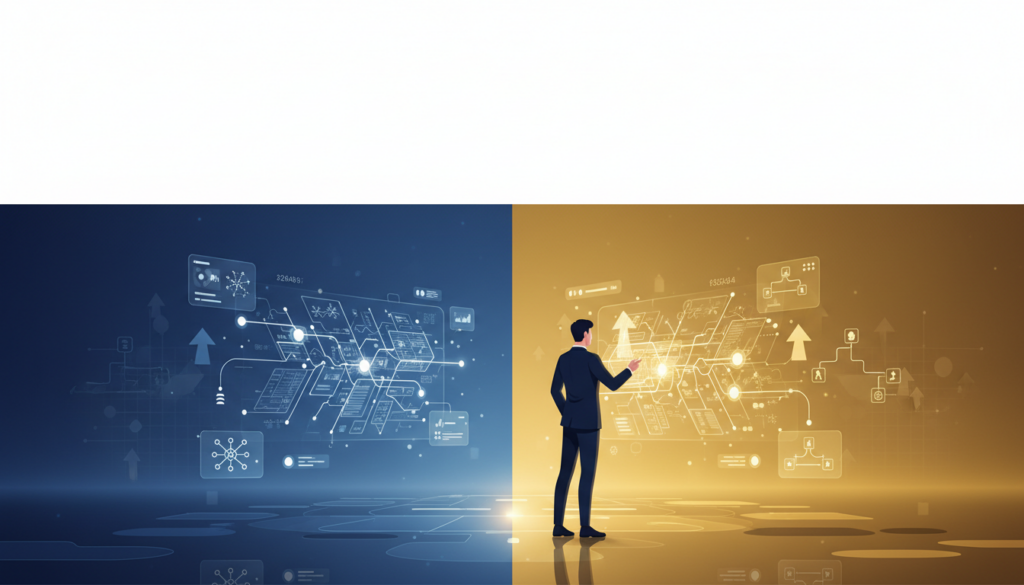 Professional's growth journey in tech landscape with glowing path, nodes, and UI panels.