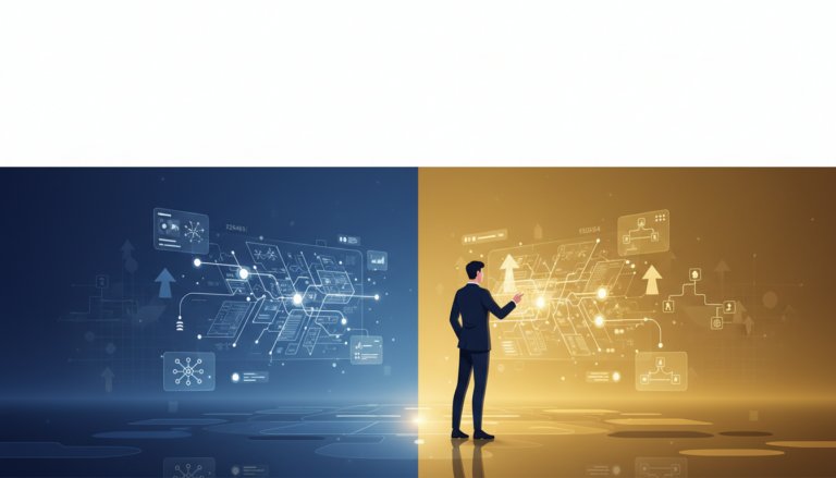 Professional's growth journey in tech landscape with glowing path, nodes, and UI panels.