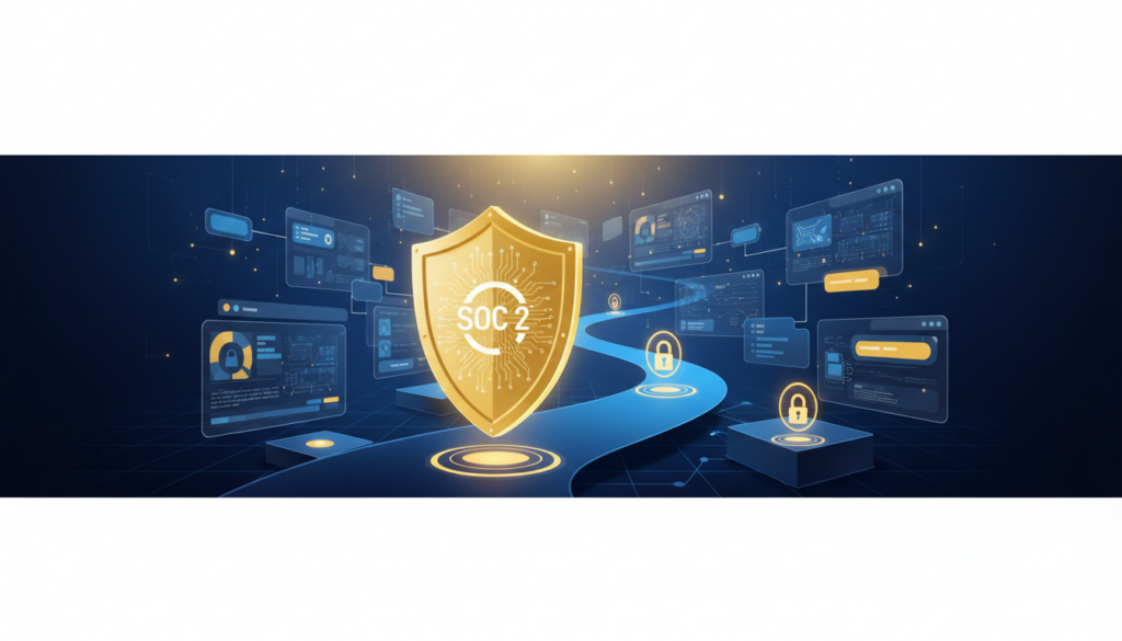 Secure pathway through modern SaaS data infrastructure with glowing shield and holographic markers.