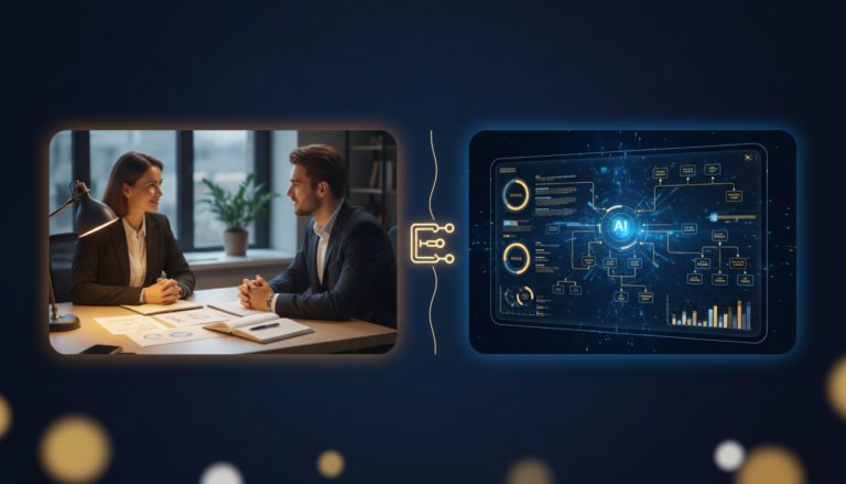 Split image: career counselor in warm-lit office left, AI guidance interface right, linked by glowing icon.
