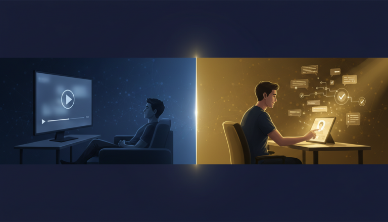 Split scene: Passive video watching vs. engaging with an AI course interface on a laptop.