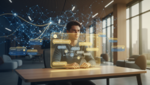 Student at modern desk explores career paths on glowing interface; AI network backdrop.