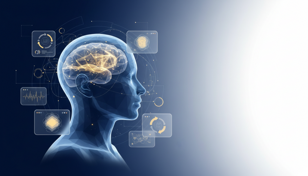 Translucent humanoid head with glowing nodes, deep blue and gold gradients, tech interface panels.