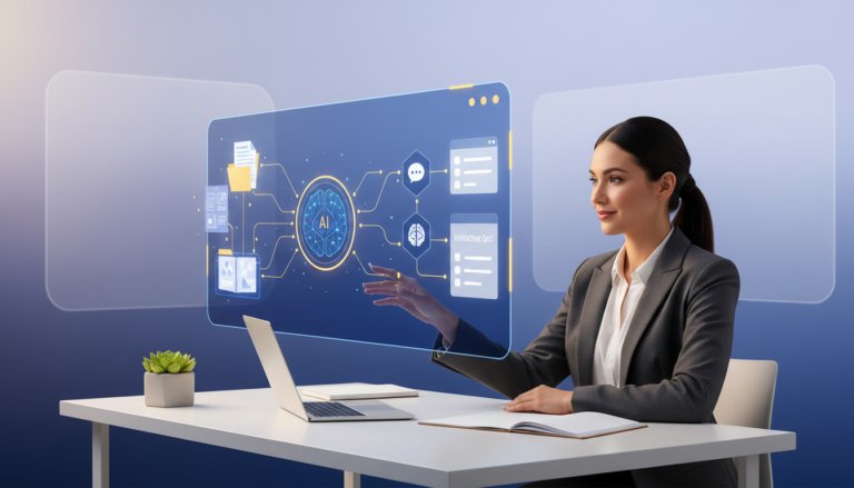 Woman at desk interacts with futuristic blue interface, AI workflow, modern workspace.