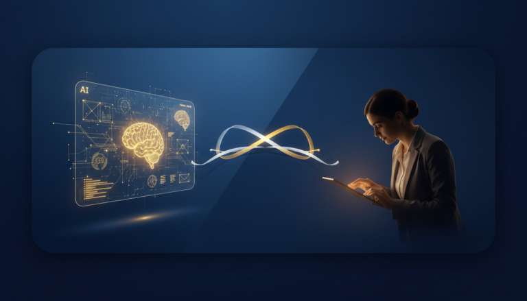 AI and human tutoring split-scene with holographic panel and educator silhouette on deep blue gradient.