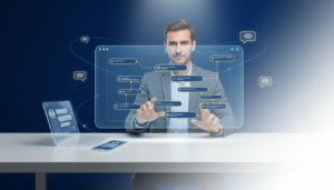 Businessperson at desk interacting with holographic AI interface in modern workspace.