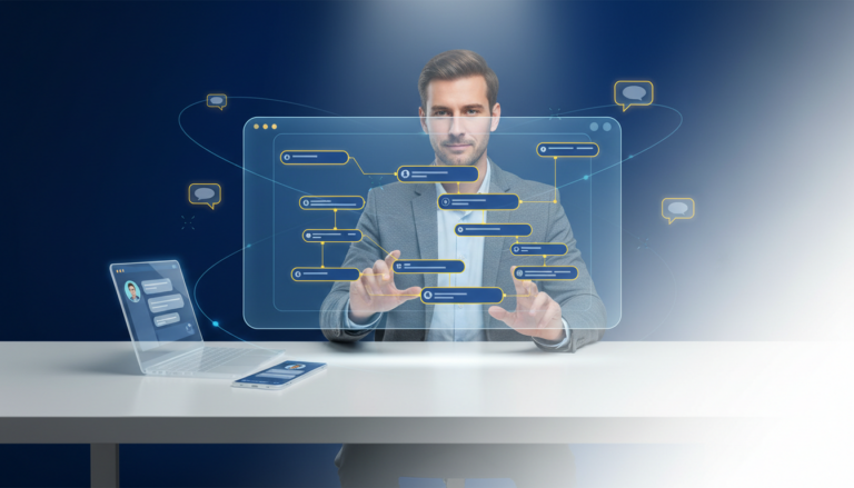 Businessperson at desk interacting with holographic AI interface in modern workspace.