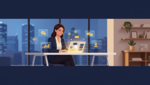 Confident woman at modern desk using laptop with AI app builder in minimalist co-working space.