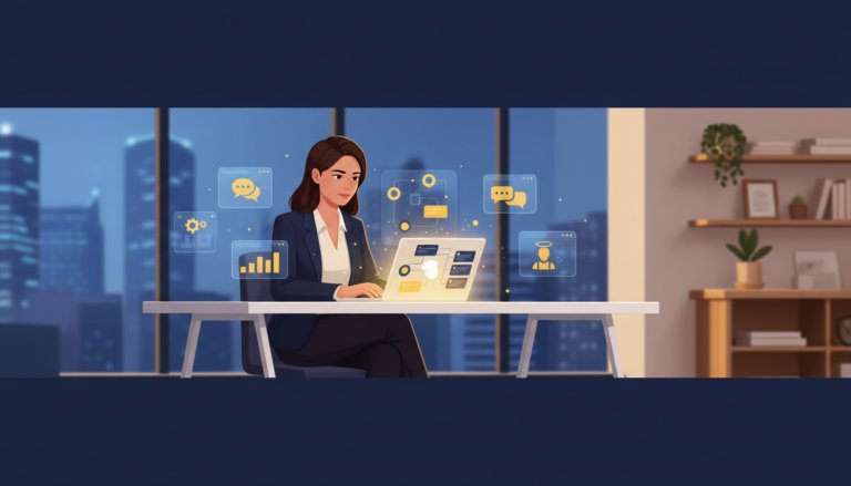 Confident woman at modern desk using laptop with AI app builder in minimalist co-working space.